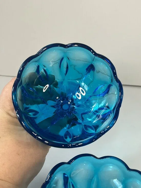 Anchor Hocking Blue Fairfield Pedestal Compote Dishes 70s Vintage Bohemian Glass - Picture 8 of 11